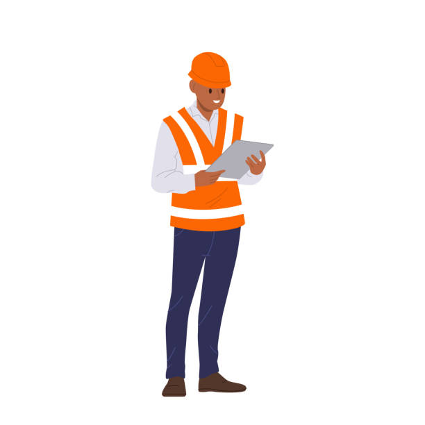 Road worker engineer supervisor cartoon character checking and controlling construction process standing isolated on white. Inspector safety specialist wearing uniform and hardhat vector illustration